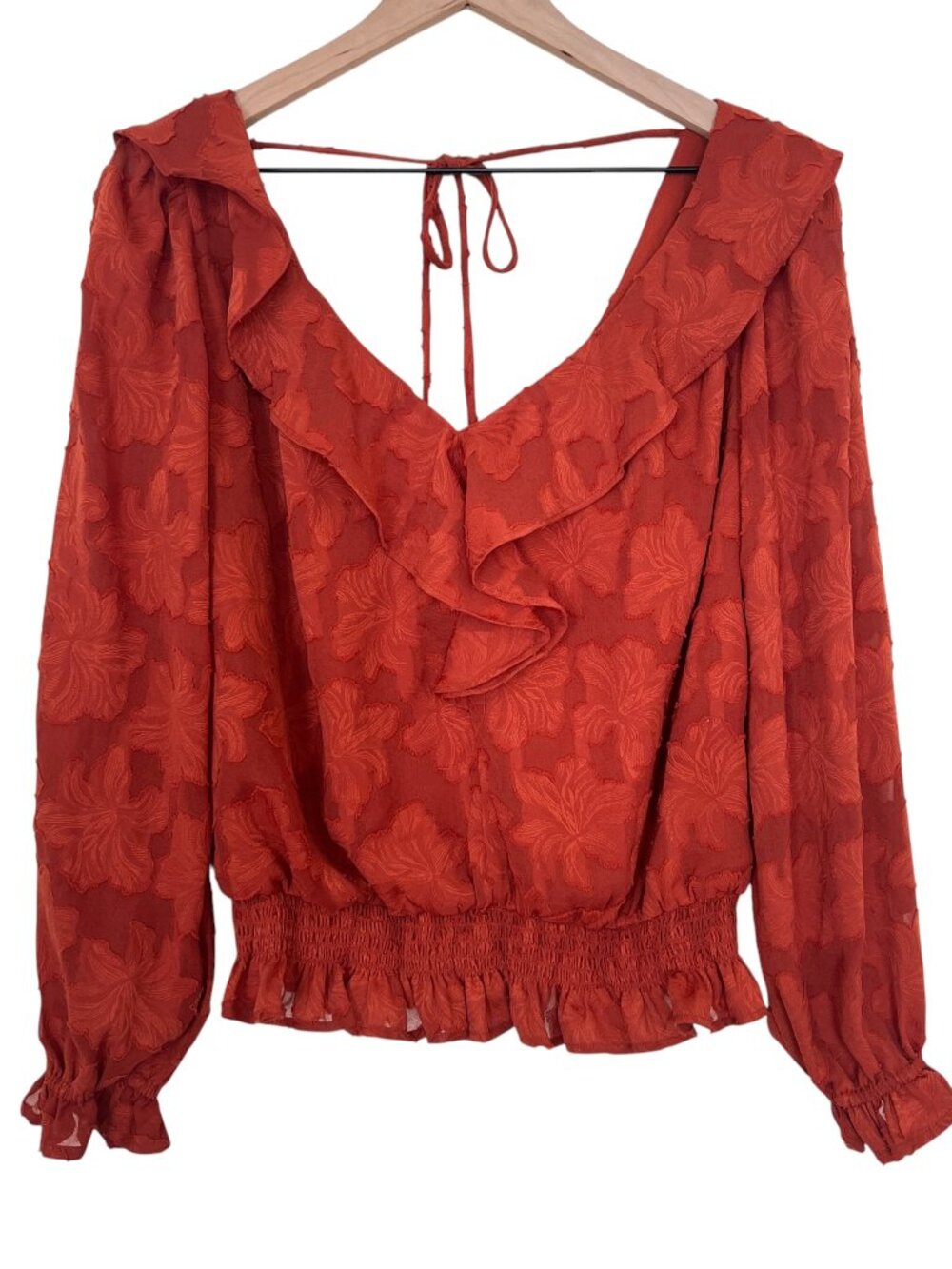 By Anthropologie Rust Ruffle V-Neck Textured Floral Blouse - Picture 2 of 6